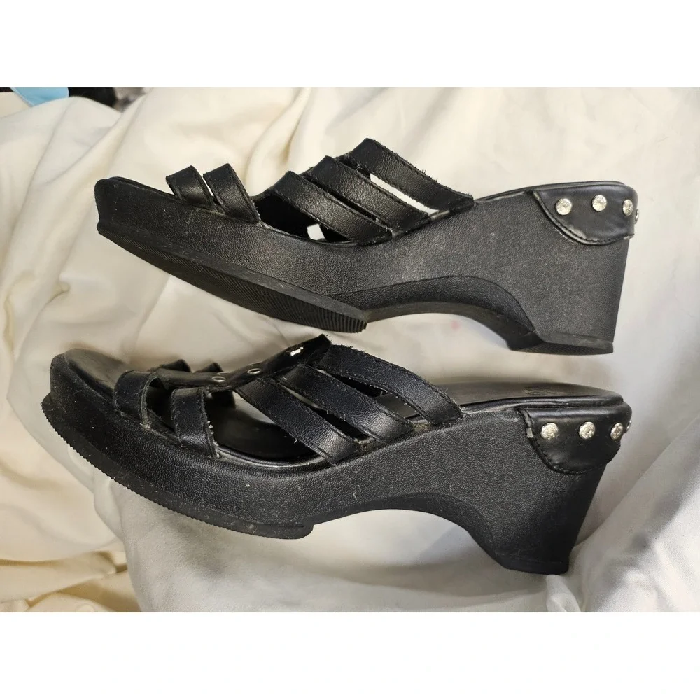 Harley-Davidson Womens Black Leather Strappy Platform Wedge Slide Sandals 7.5